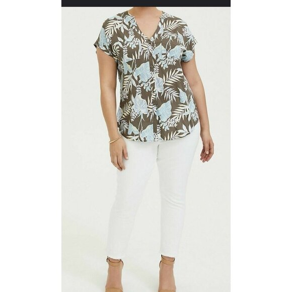 Torrid Women's Top Size 2X Taupe Blue Floral Challis Dolman Blouse Pockets - Picture 1 of 8